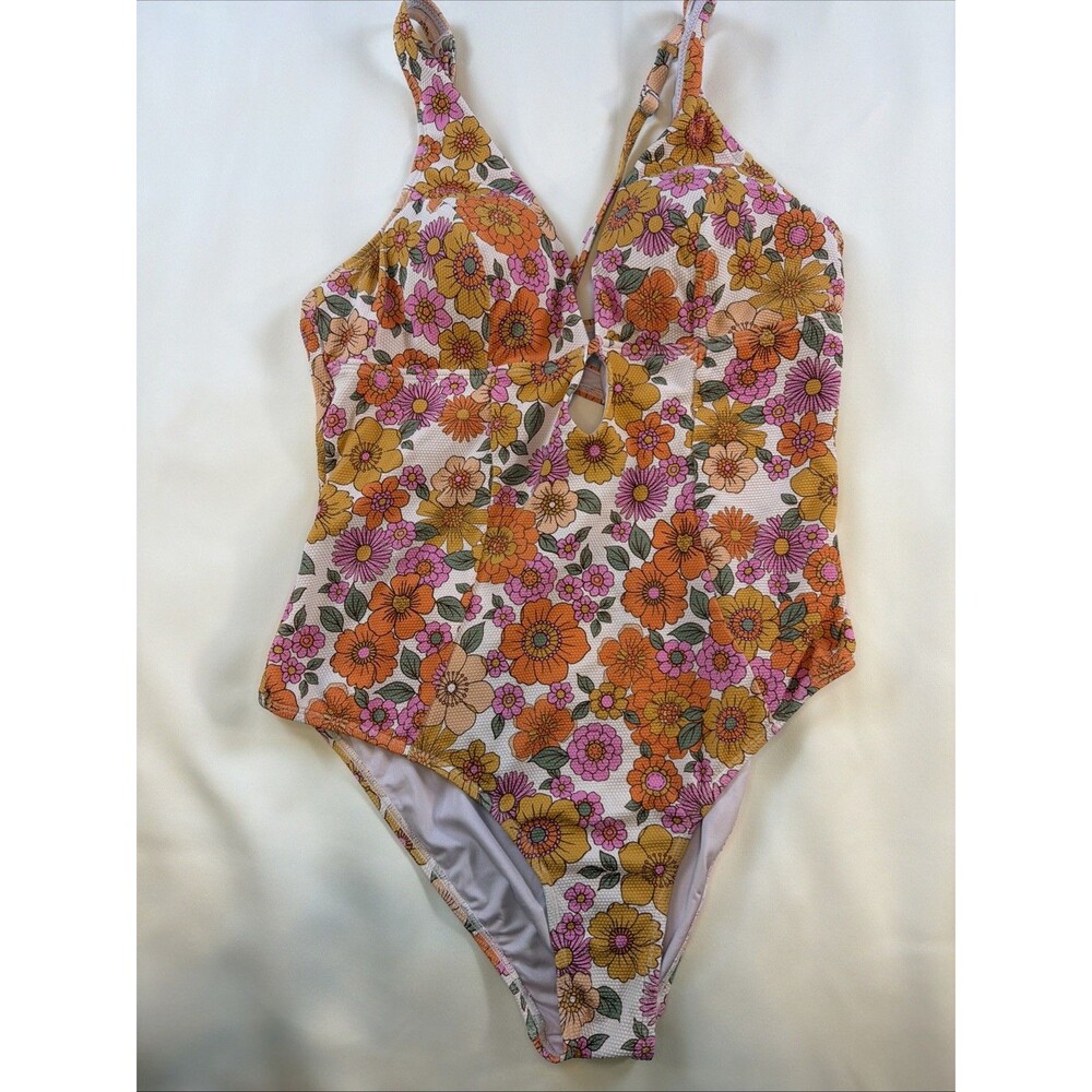 NWT Cupshe One Piece Swimsuit XL Floral Orange Pink Beach Summer V NECK